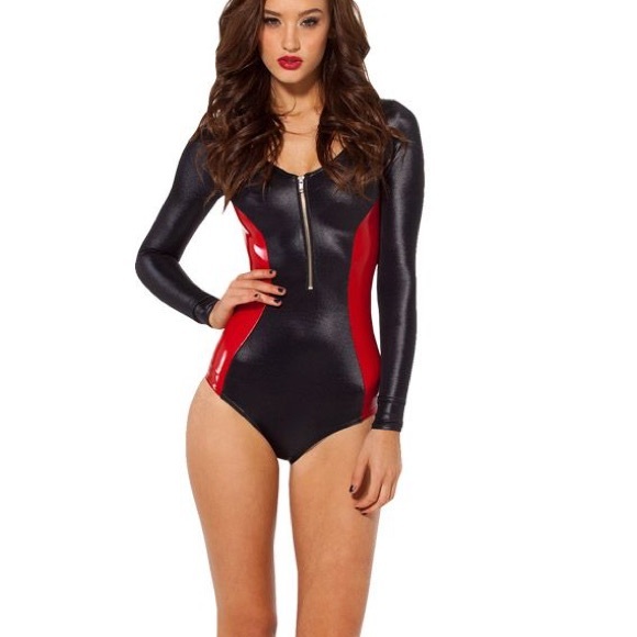 Blackmilk Tops - Blackmilk Red Battle Suit PVC Paneled Bodysuit